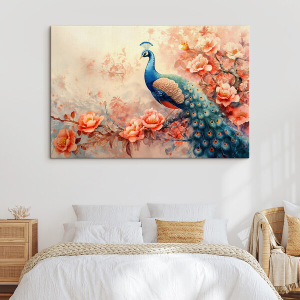 Cuadros Un cuadro que representa un pavo real posado en una rama con flores (SKU: s38454) Cuadros Cuadros Un cuadro que representa un pavo real posado en una rama con flores (SKU: s38454)
