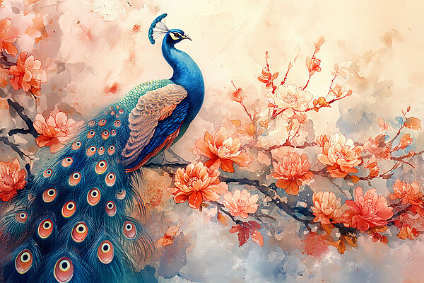 A painting of a peacock on a branch with flowers A painting of a peacock on a branch with flowers