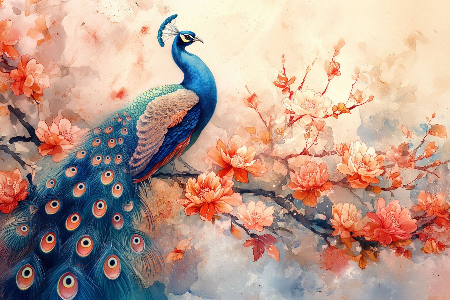 A painting of a peacock on a branch with flowers A painting of a peacock on a branch with flowers