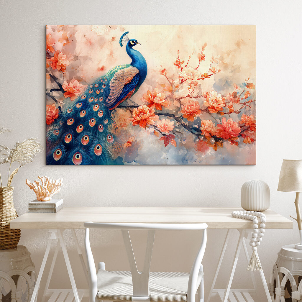 A painting of a peacock on a branch with flowers A painting of a peacock on a branch with flowers