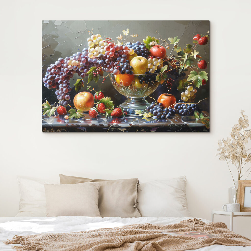 A painting of fruit in a bowl A painting of fruit in a bowl