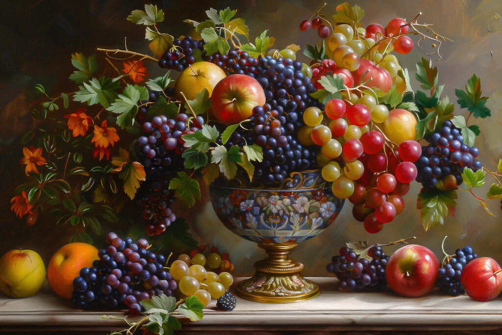 A painting of fruit in a vase