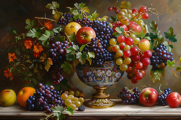A painting of fruit in a vase