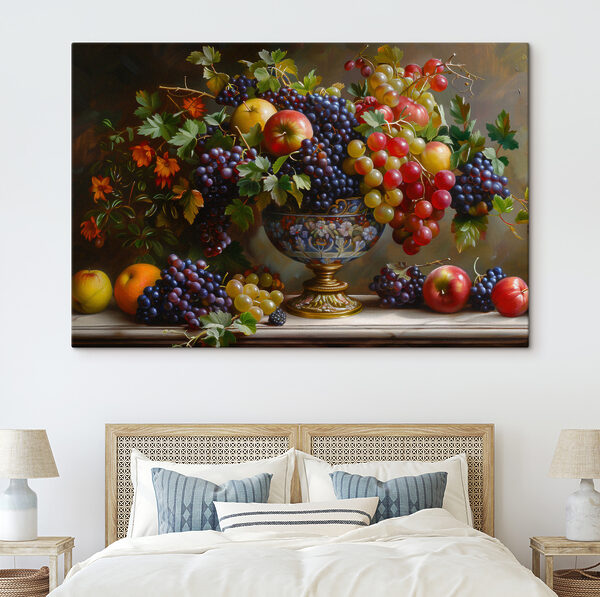 A painting of fruit in a vase
