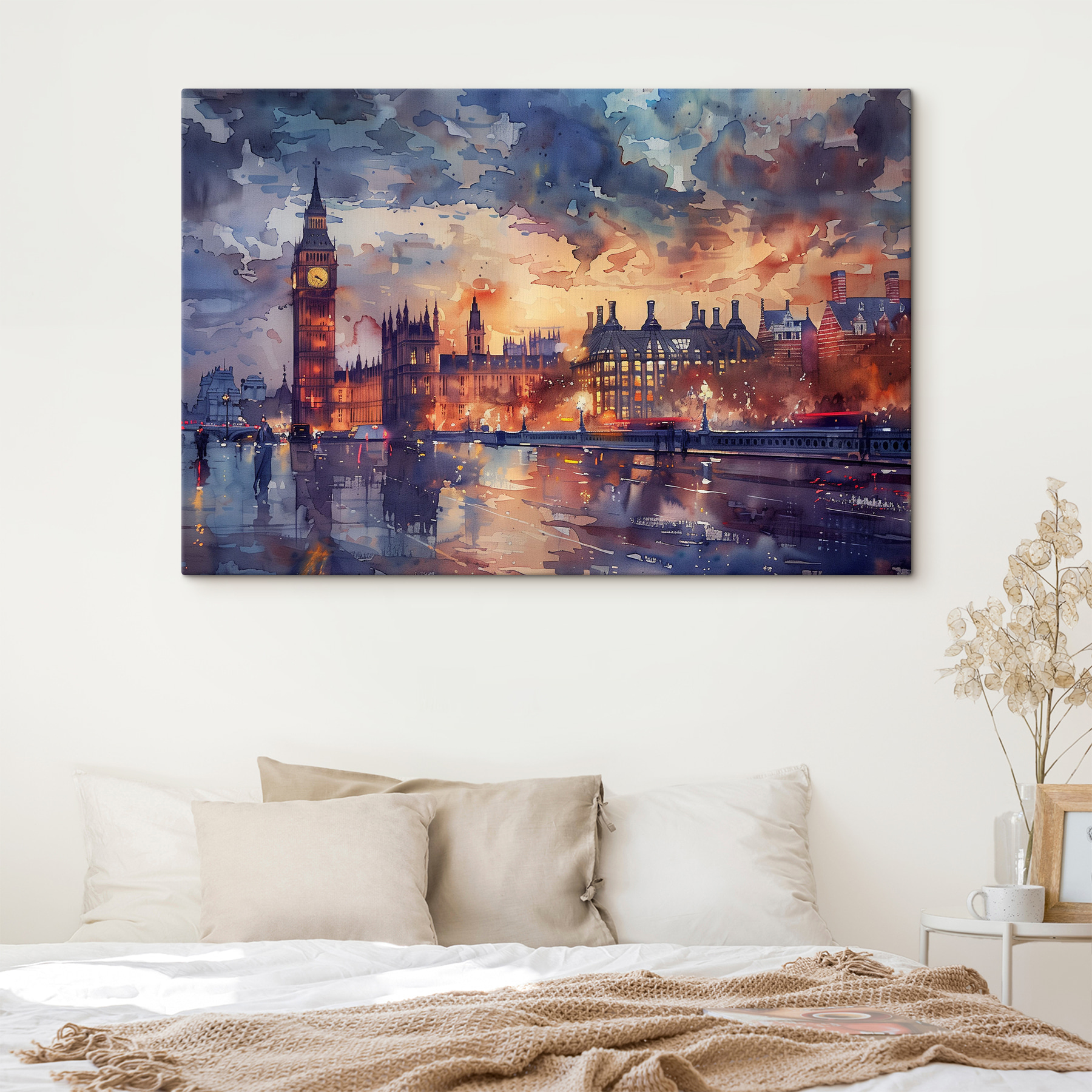 A watercolor painting of a city with a clock tower and a river