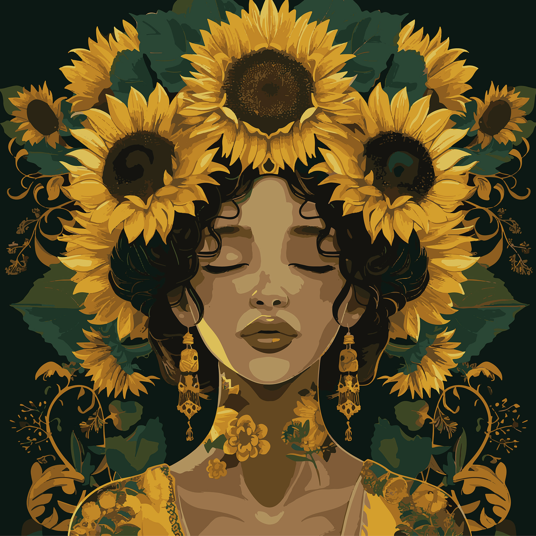 A woman with sunflowers in her hair A woman with sunflowers in her hair