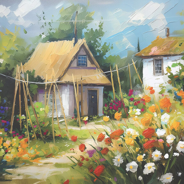 A painting of a house with flowers