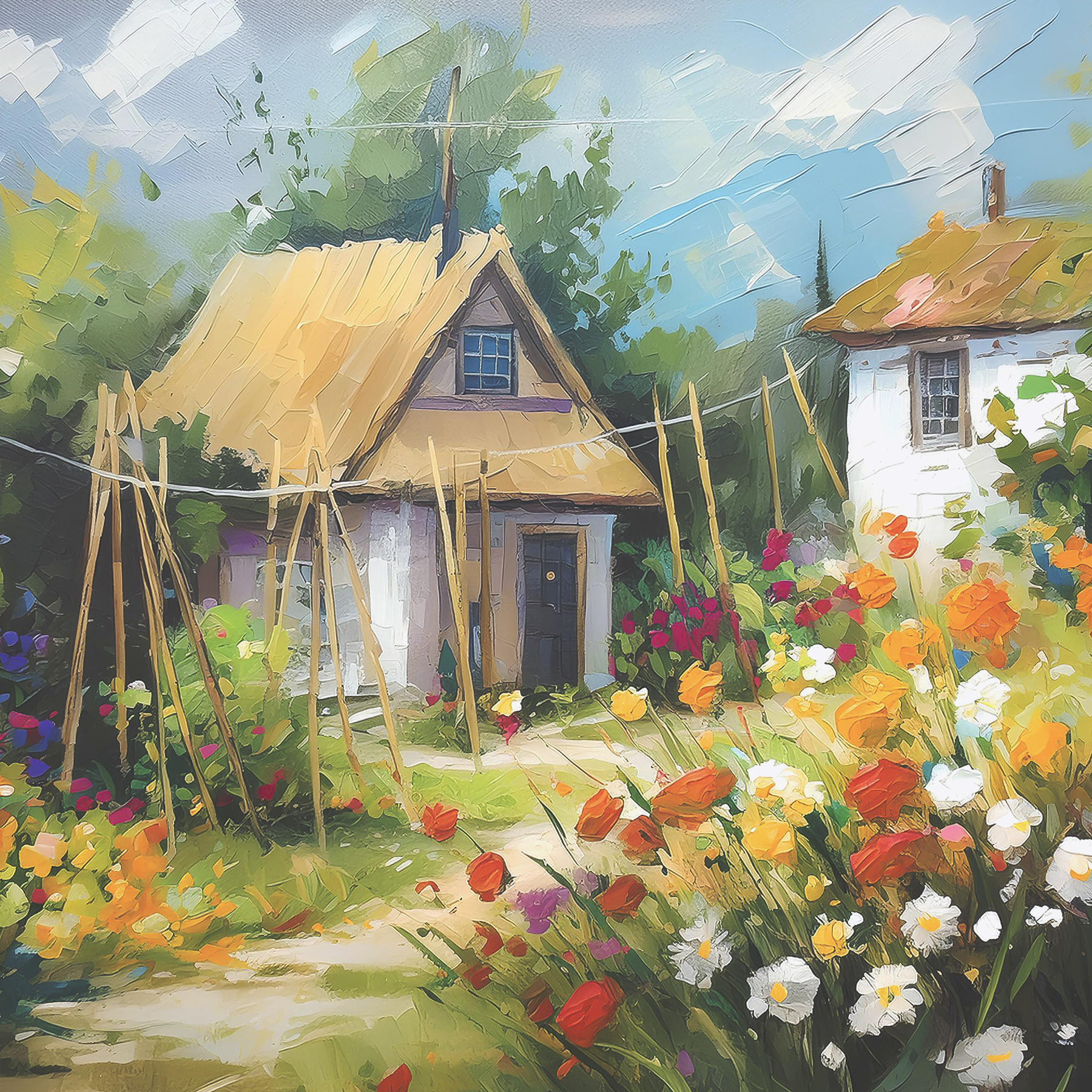 A painting of a house with flowers