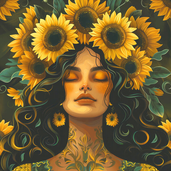 A woman with sunflowers in her hair A woman with sunflowers in her hair