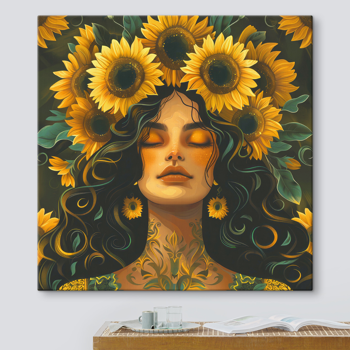 A woman with sunflowers in her hair A woman with sunflowers in her hair