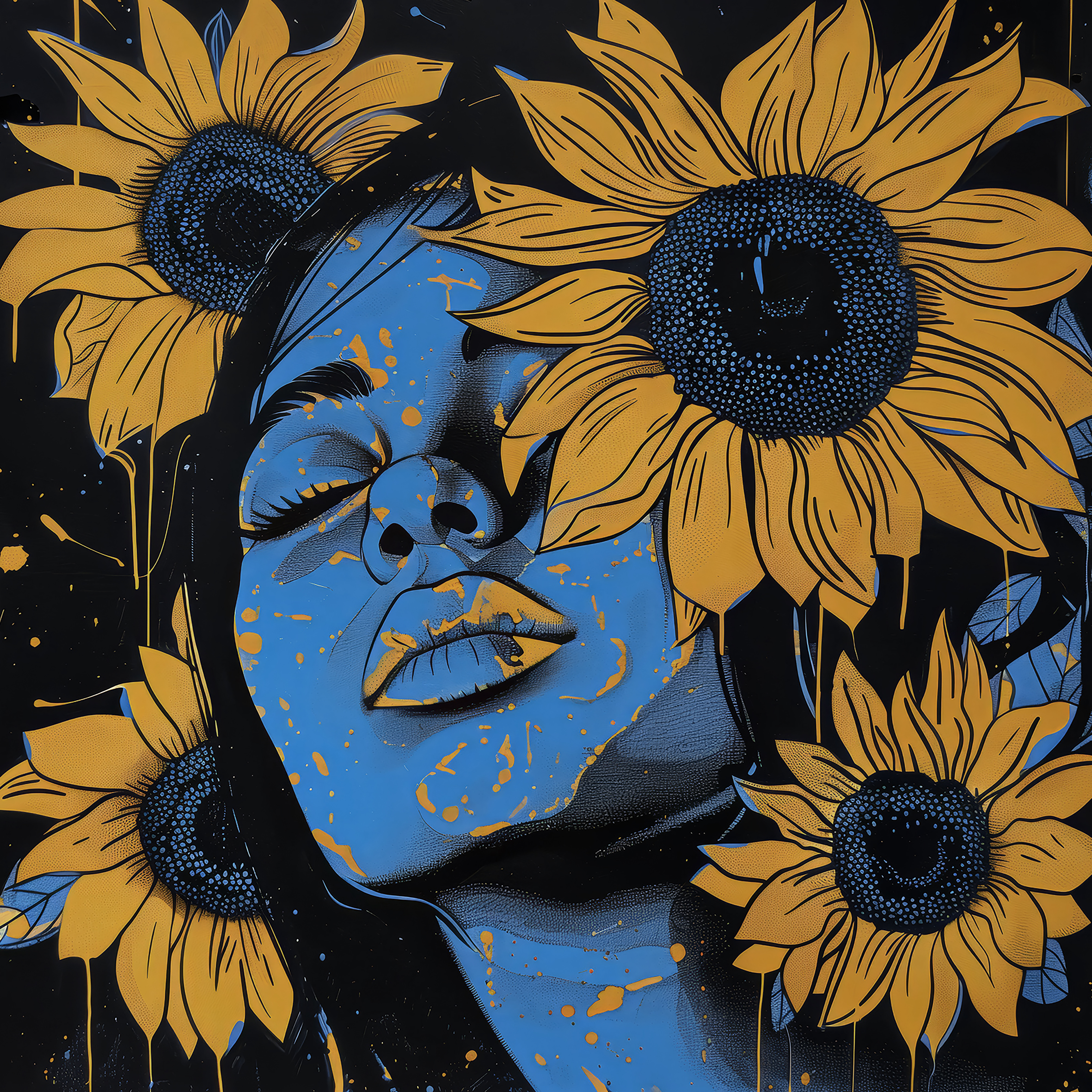 A painting of a woman with sunflowers A painting of a woman with sunflowers