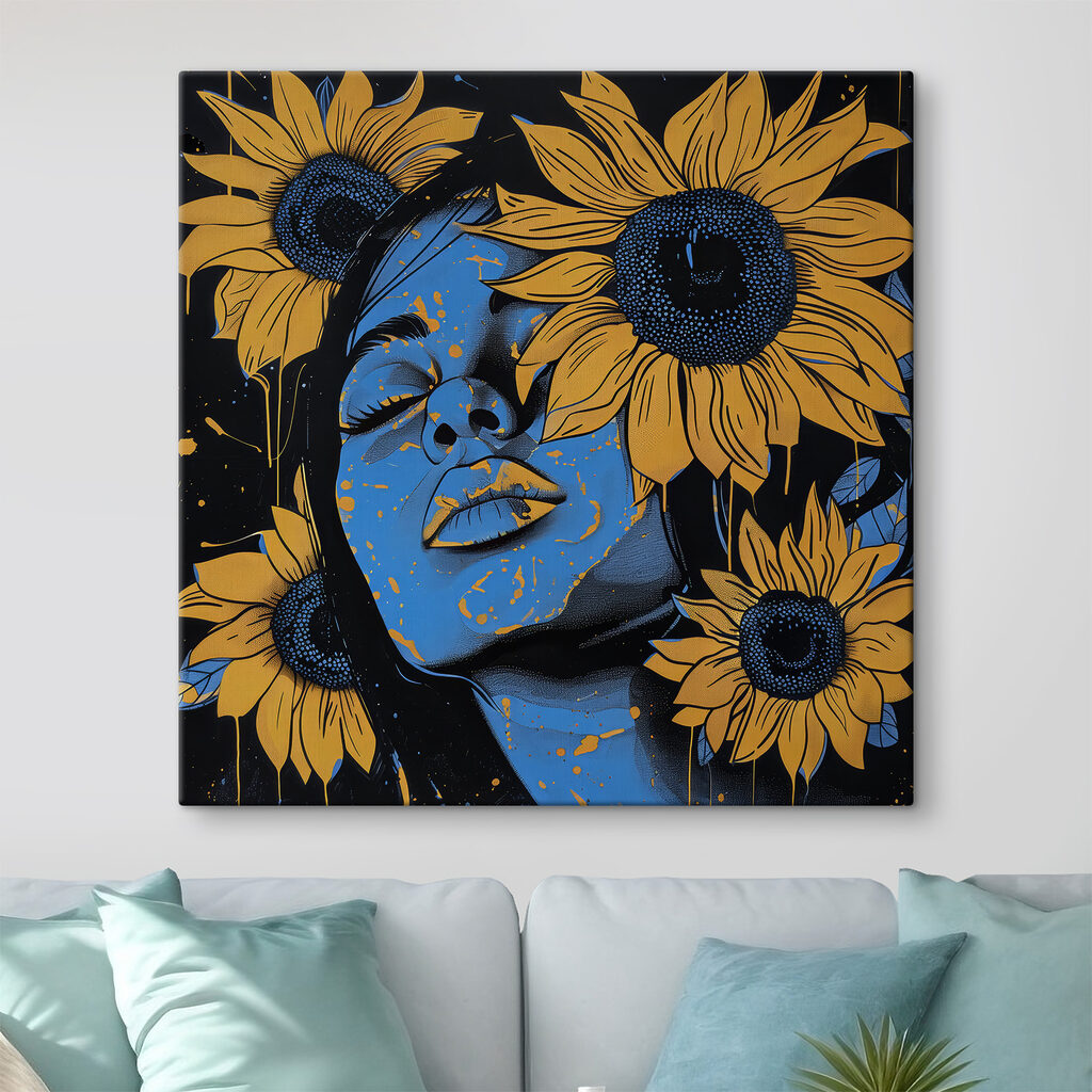 A painting of a woman with sunflowers A painting of a woman with sunflowers