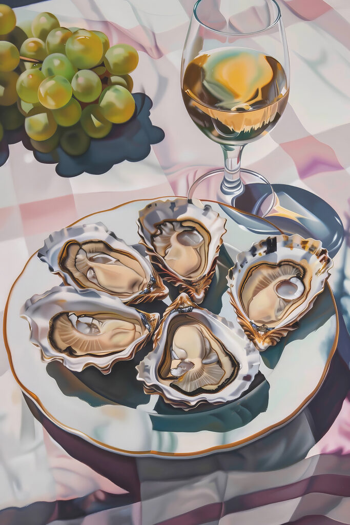 A plate of oysters and a glass of wine