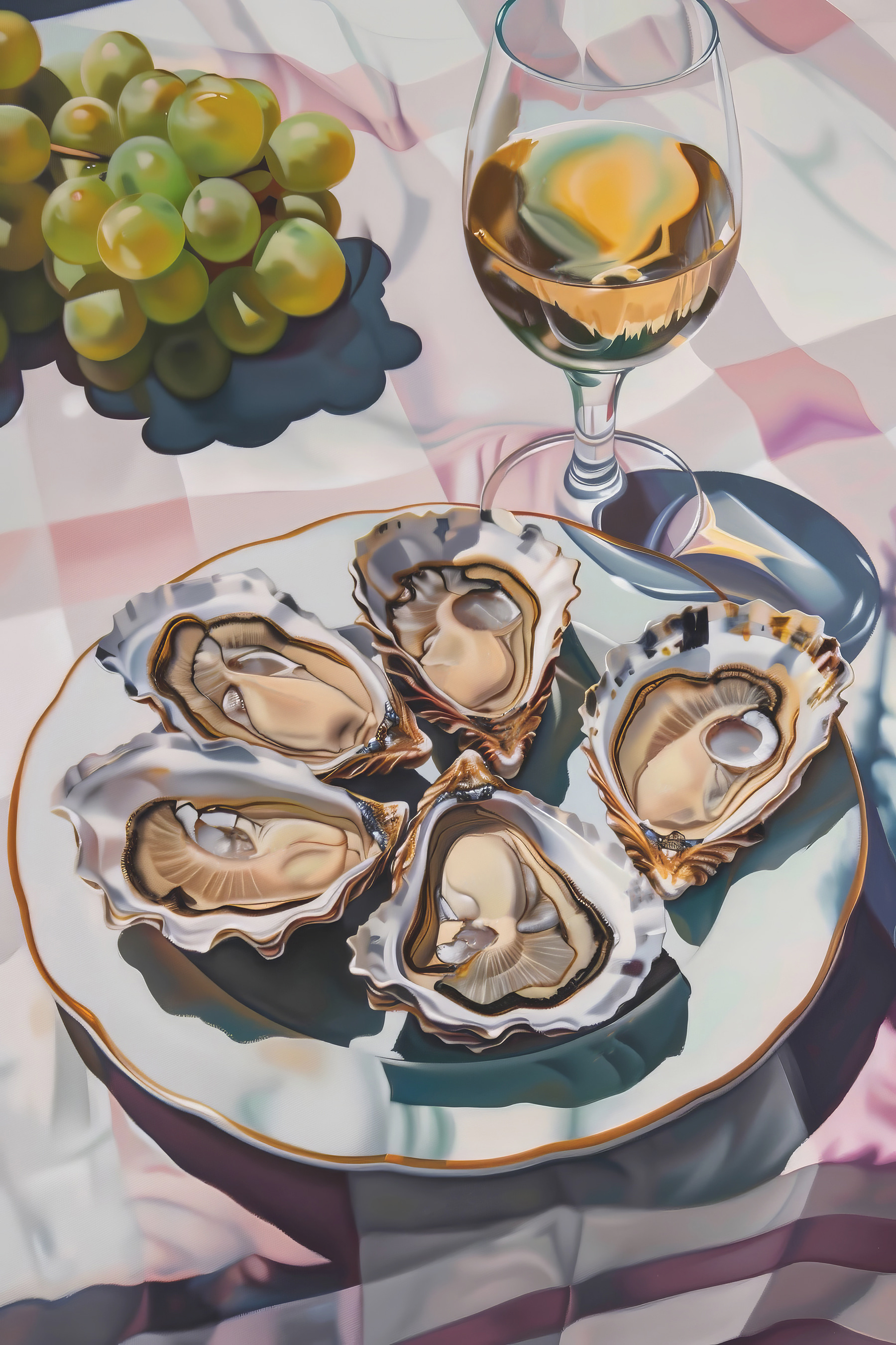 A plate of oysters and a glass of wine