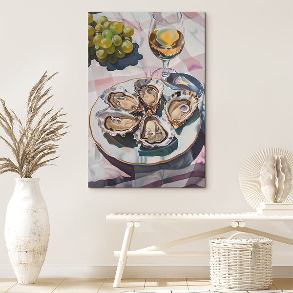 A plate of oysters and a glass of wine