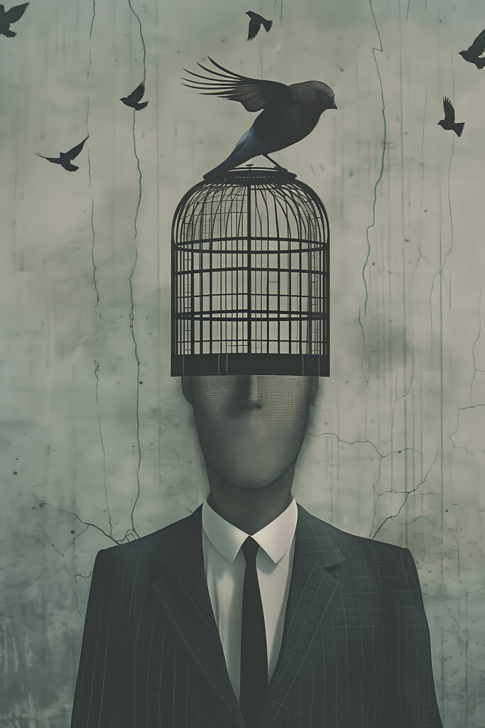 A bird on a cage over a man's head