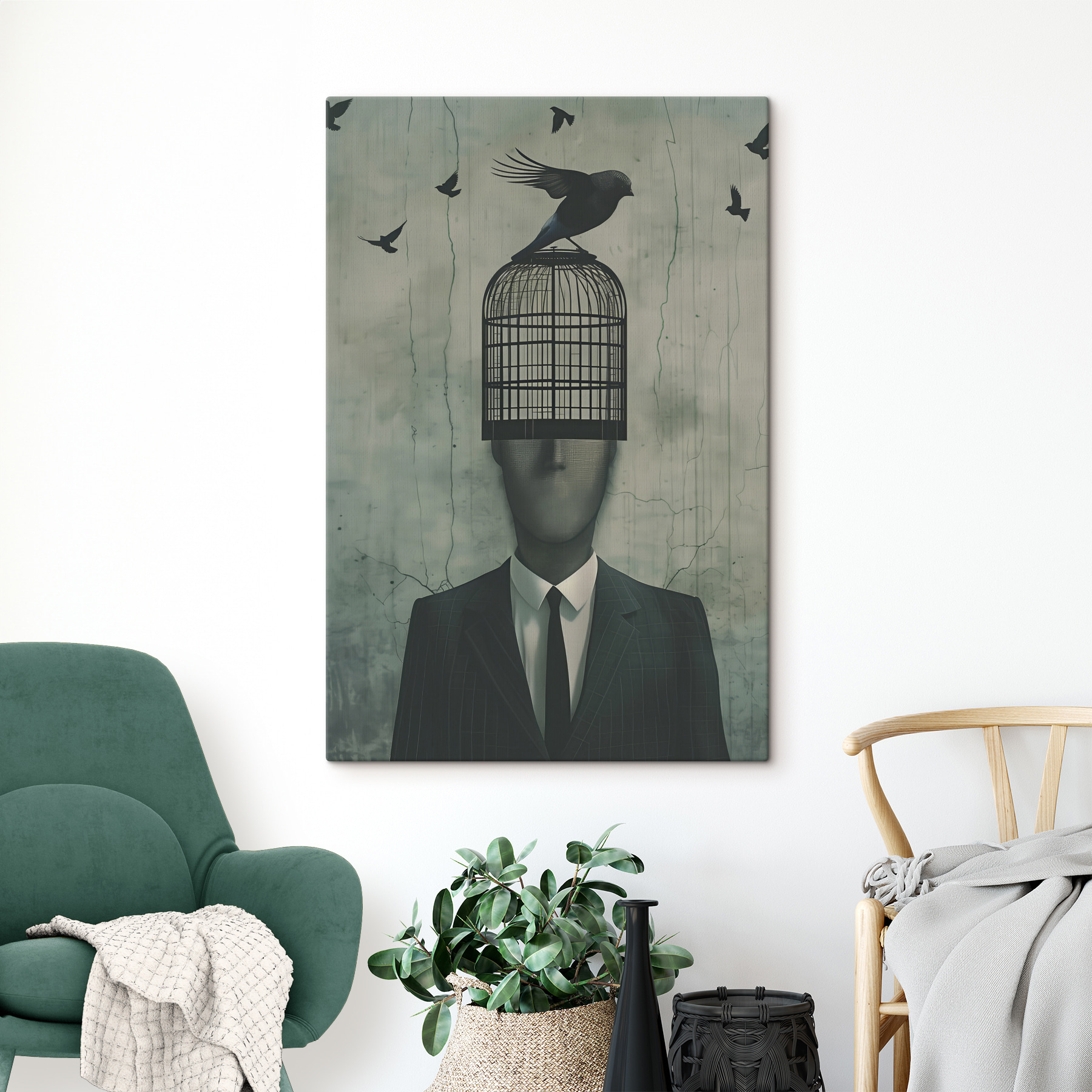 A bird on a cage over a man's head