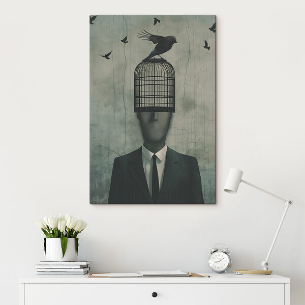 A bird on a cage over a man's head