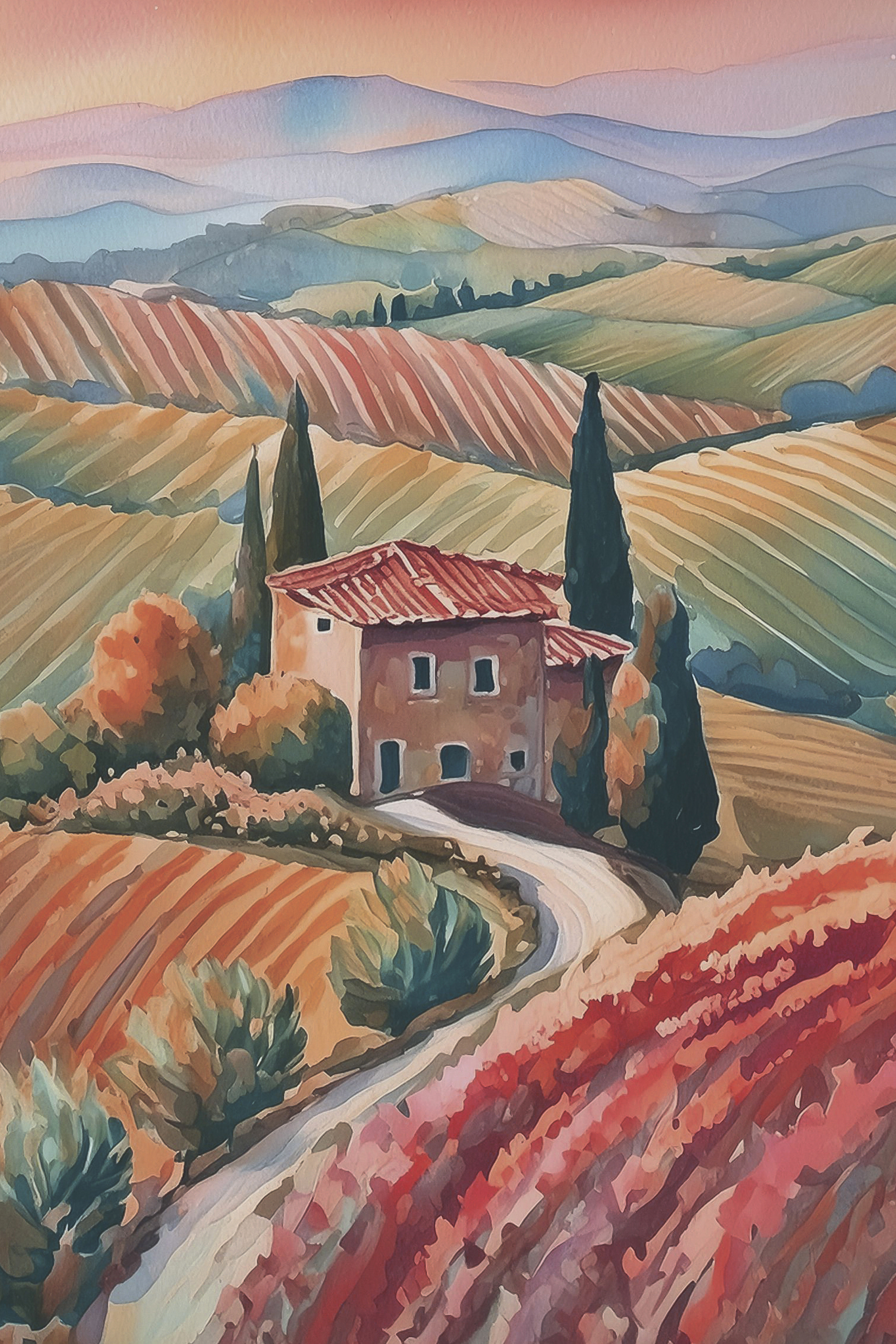 A painting of a house in a field of fields A painting of a house in a field of fields