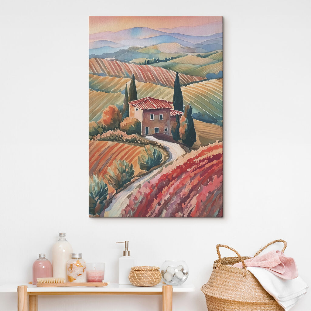 A painting of a house in a field of fields A painting of a house in a field of fields