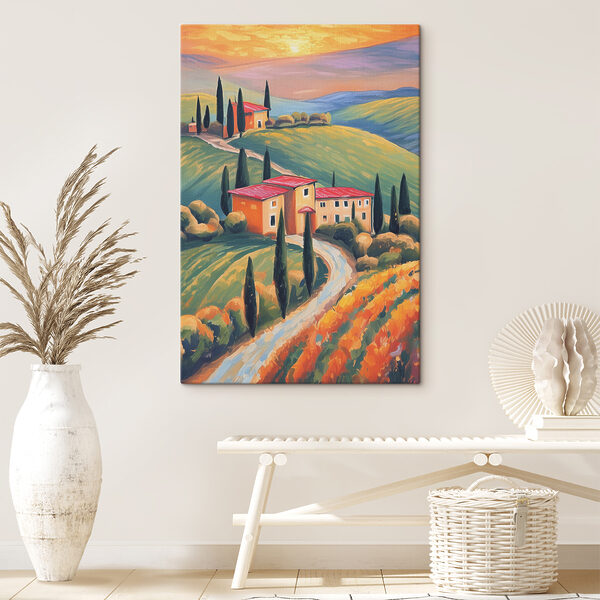 A painting of a house on a hill