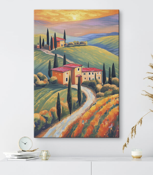 A painting of a house on a hill