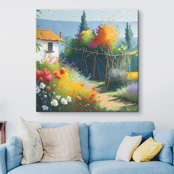 A painting of a house and flowers