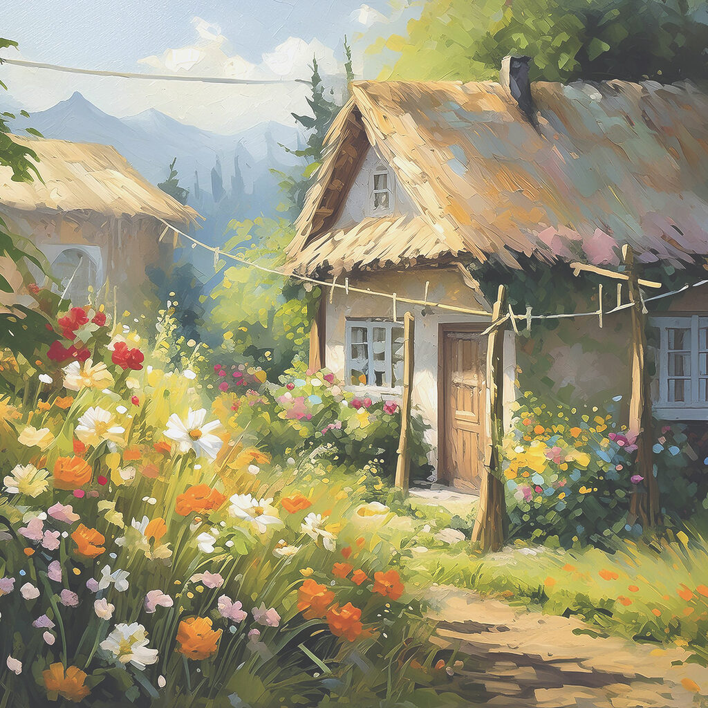 A painting of a house with flowers A painting of a house with flowers