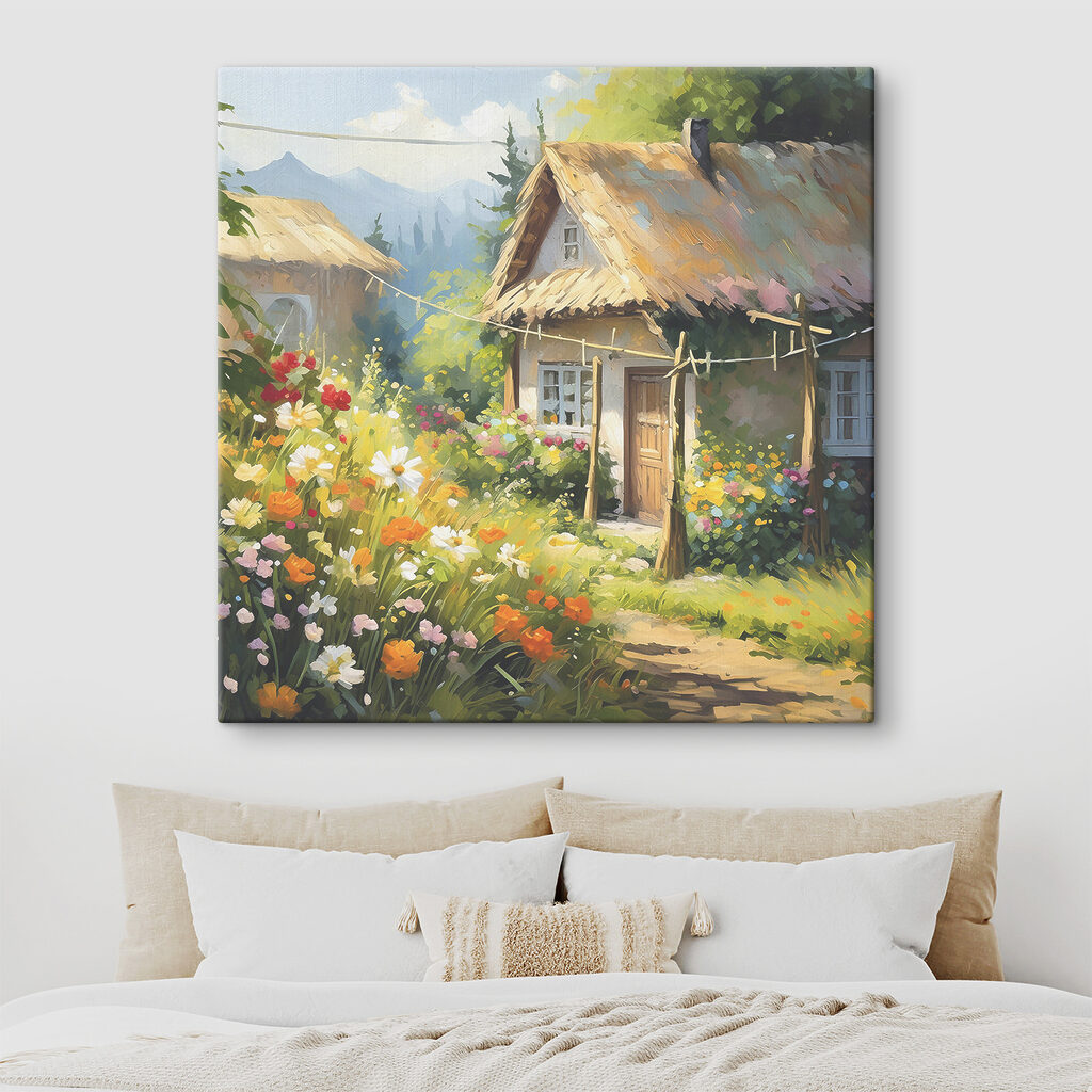 A painting of a house with flowers A painting of a house with flowers