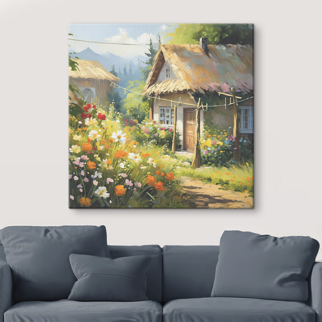 A painting of a house with flowers A painting of a house with flowers