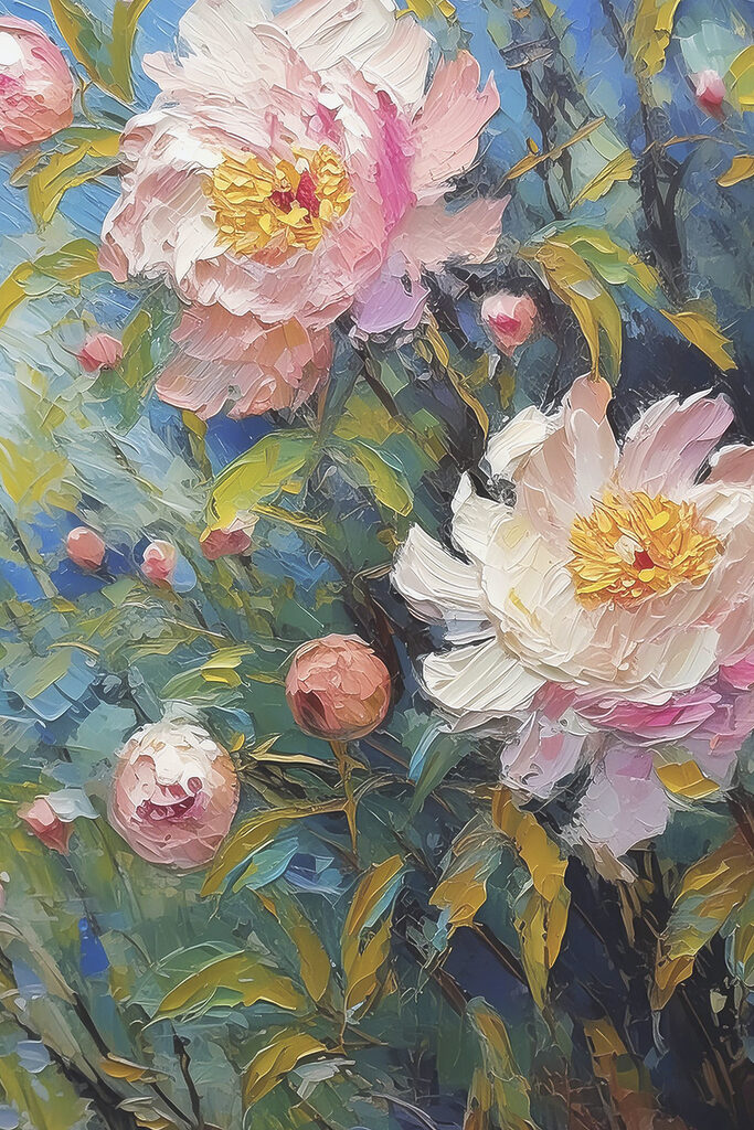 A painting of flowers on a branch