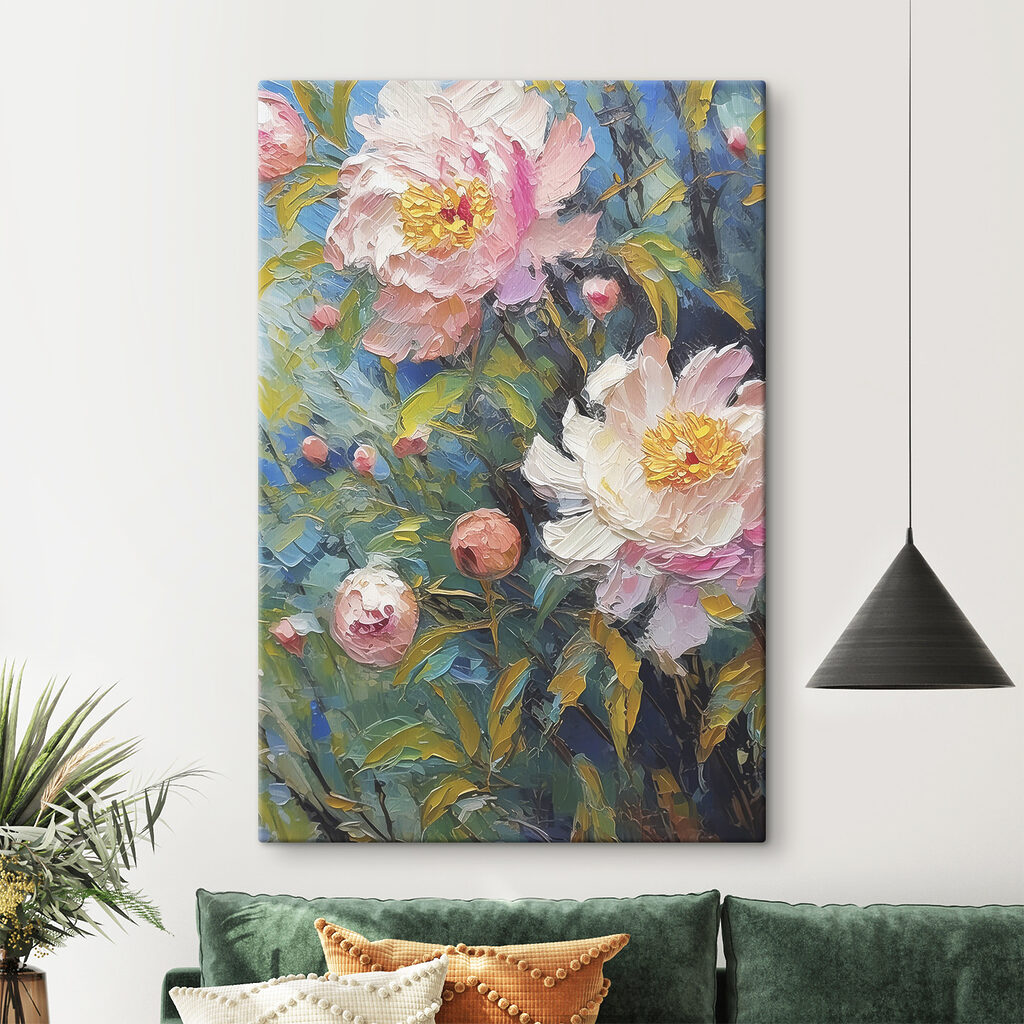 A painting of flowers on a branch