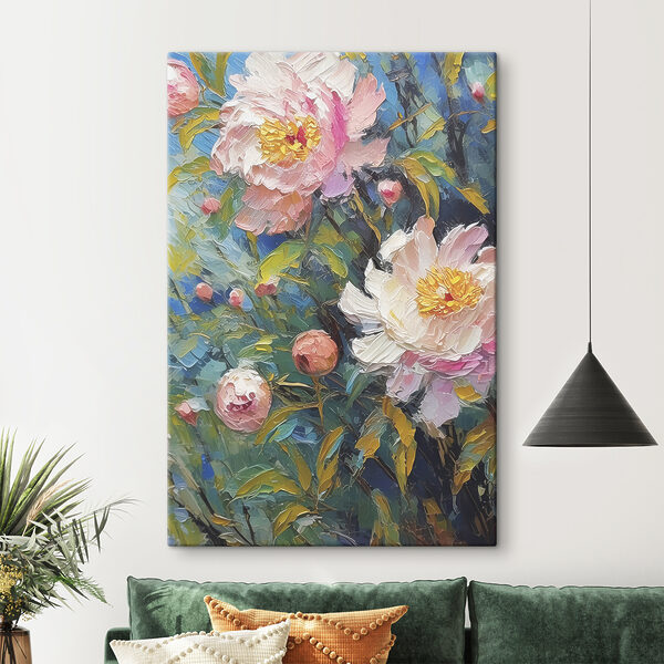 A painting of flowers on a branch