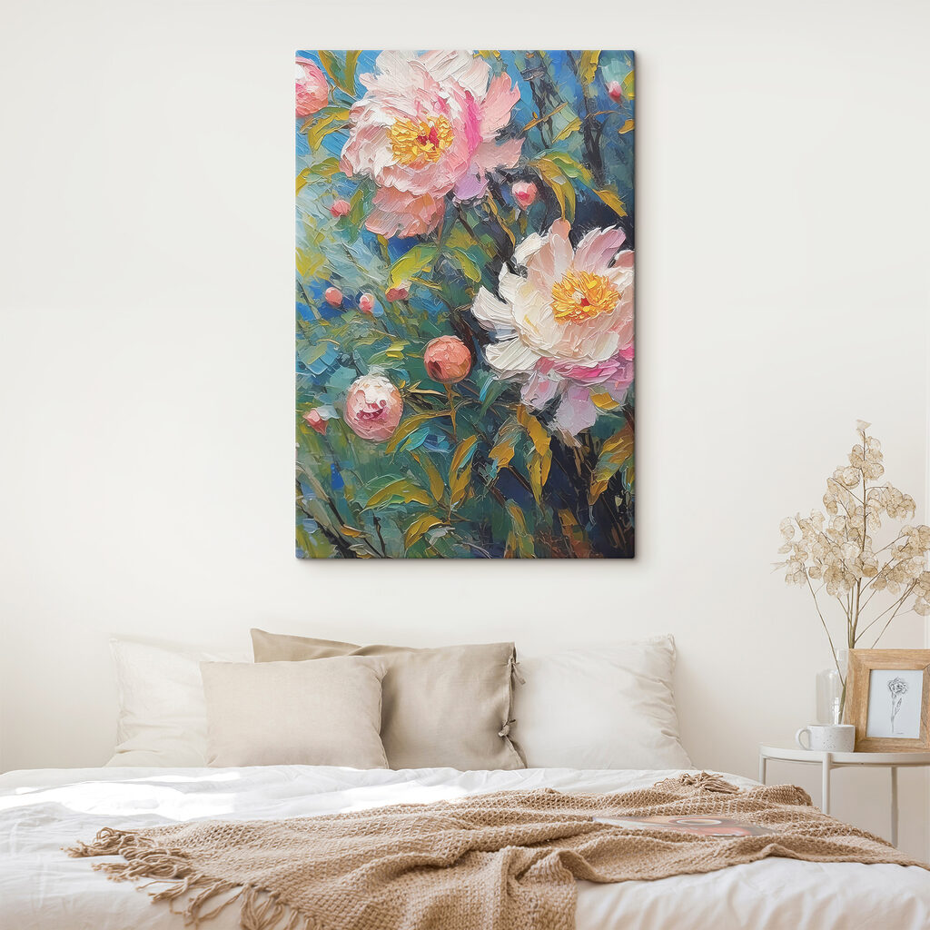 A painting of flowers on a branch