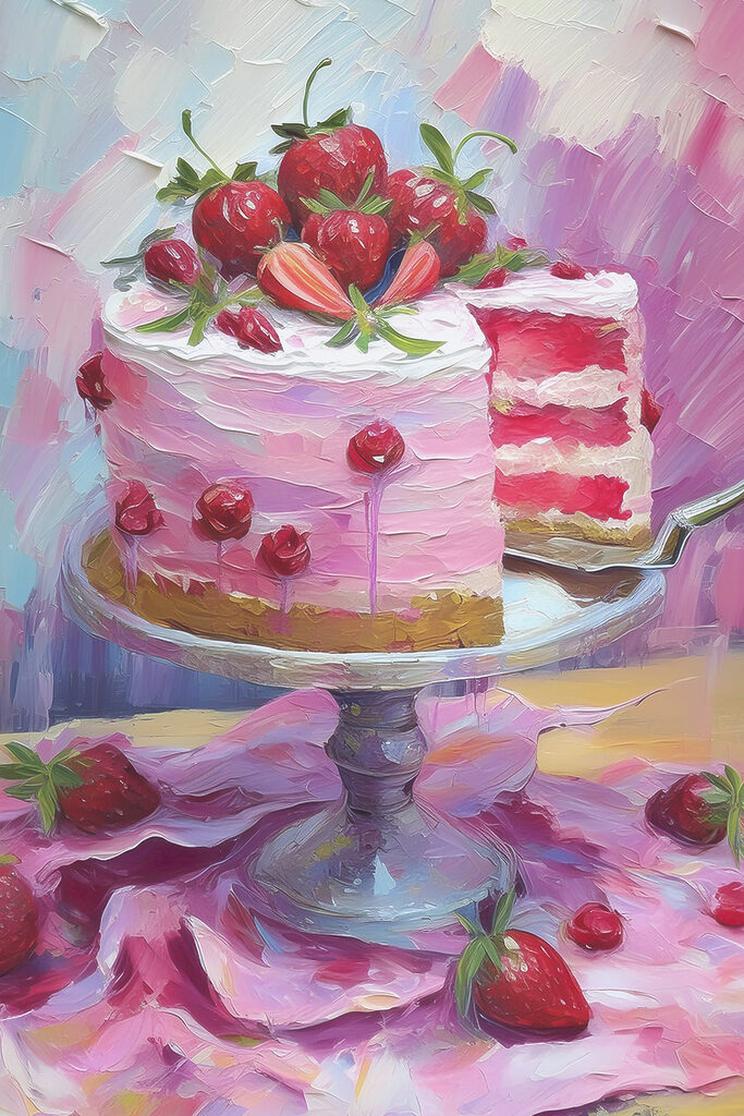 A painting of a cake with a slice of cake A painting of a cake with a slice of cake