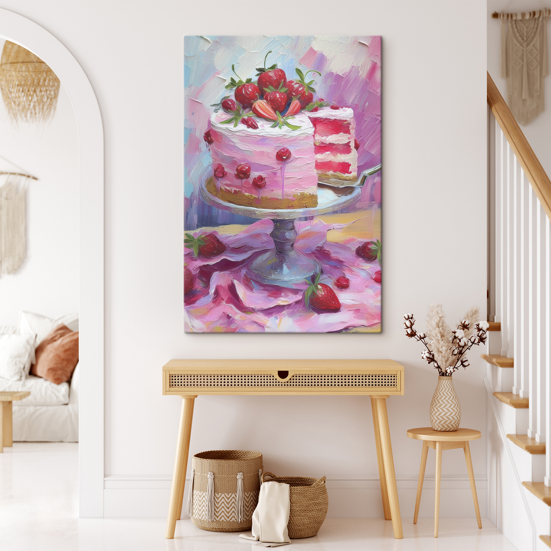 A painting of a cake with a slice of cake A painting of a cake with a slice of cake