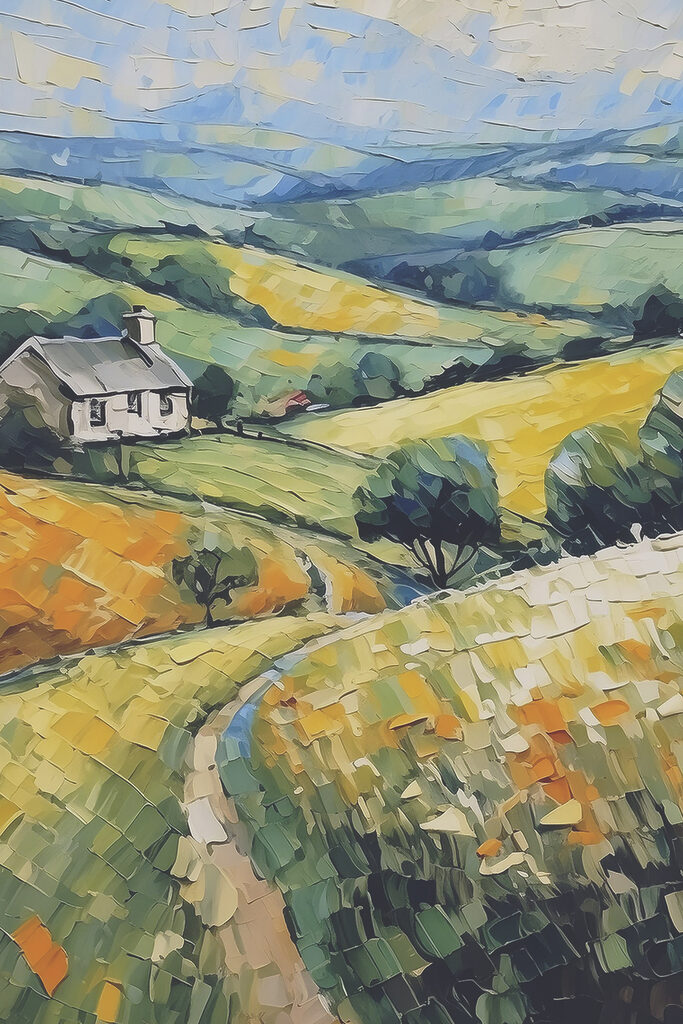 A painting of a house in a field A painting of a house in a field