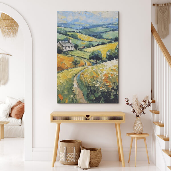 A painting of a house in a field A painting of a house in a field