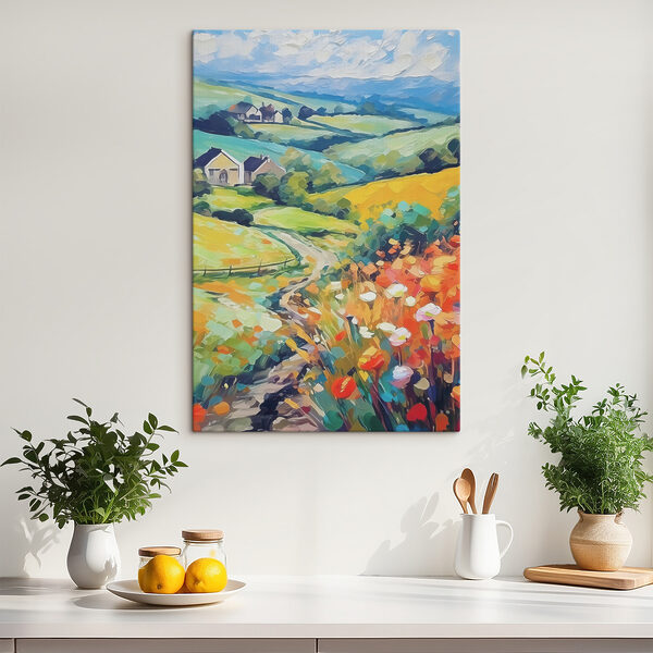 A painting of a landscape with houses and fields