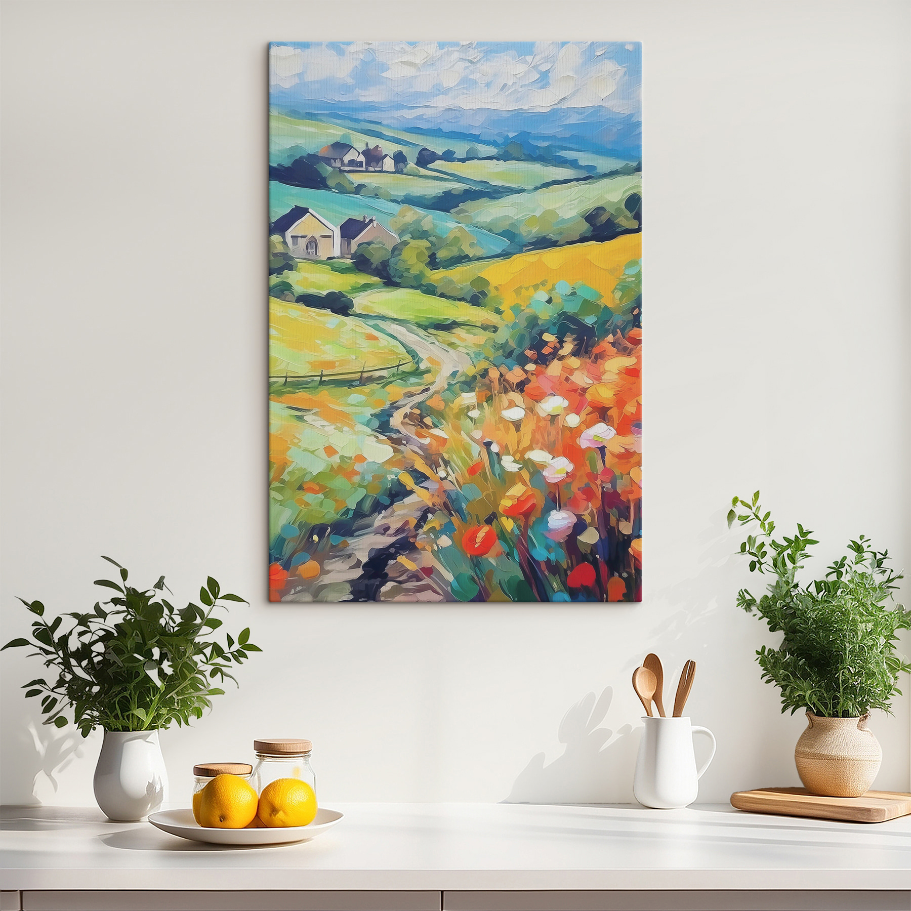 A painting of a landscape with houses and fields