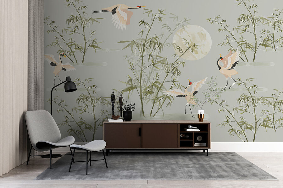 Un papel pintado con pájaros y bambú