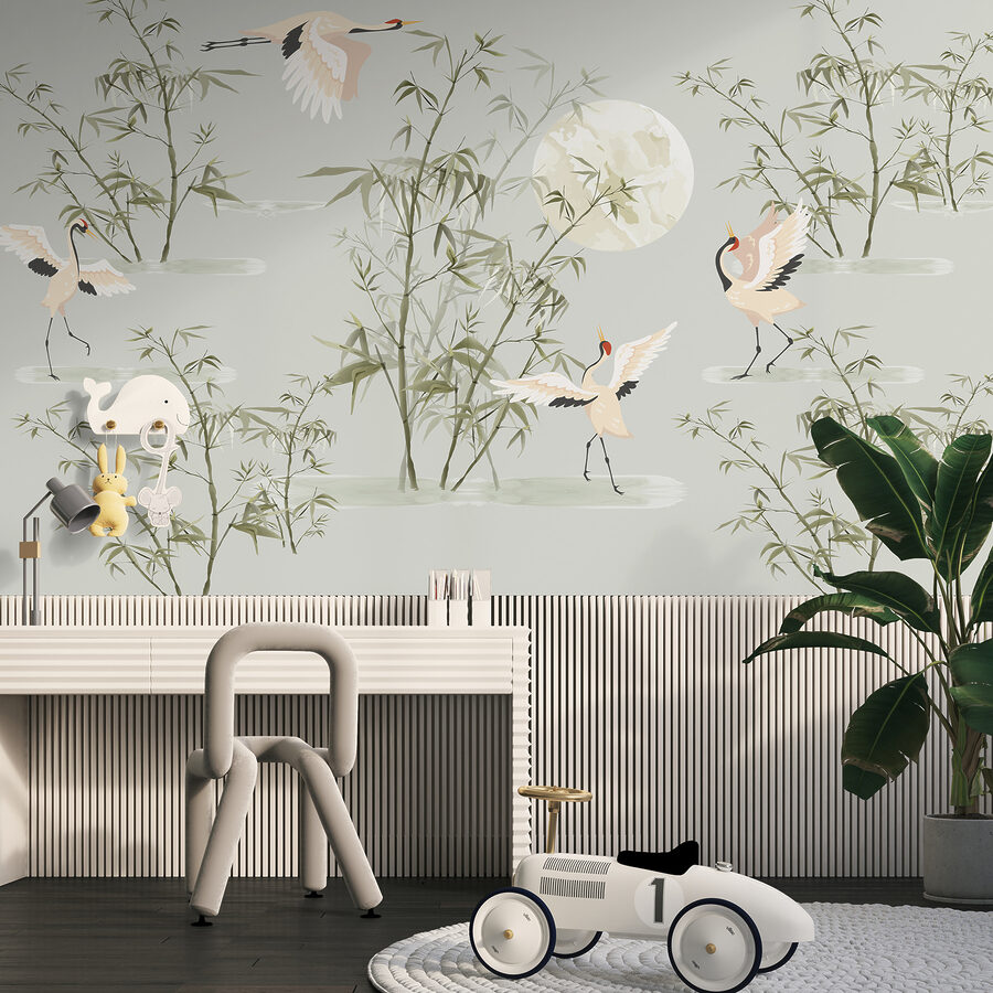 Un papel pintado con pájaros y bambú