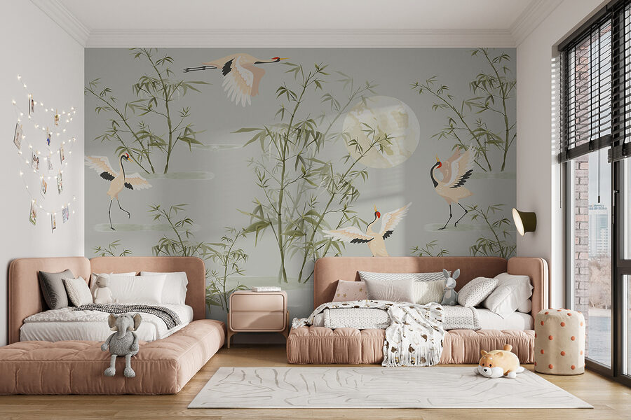 Un papel pintado con pájaros y bambú