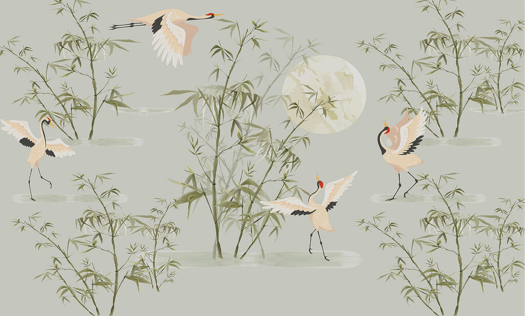 Un papel pintado con pájaros y bambú Un papel pintado con pájaros y bambú