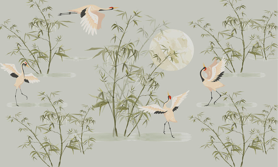 Un papel pintado con pájaros y bambú