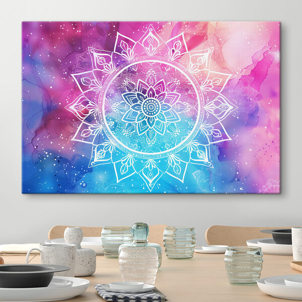 Cuadros Un mandala blanco sobre un fondo colorido