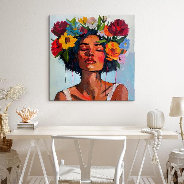 A painting of a woman with flowers in her hair