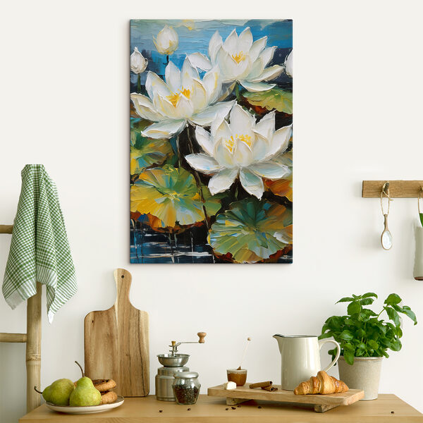 A close up of a painting of white flowers