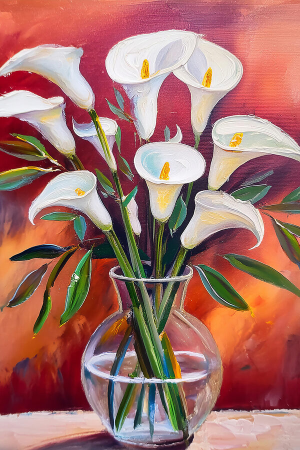 A painting of white flowers in a vase A painting of white flowers in a vase