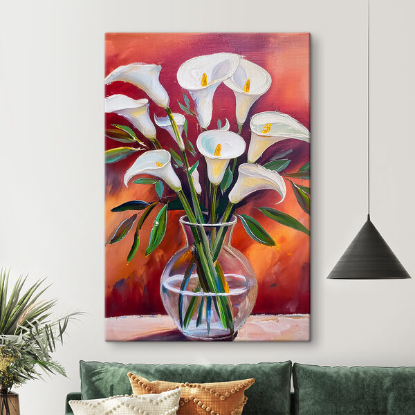A painting of white flowers in a vase A painting of white flowers in a vase